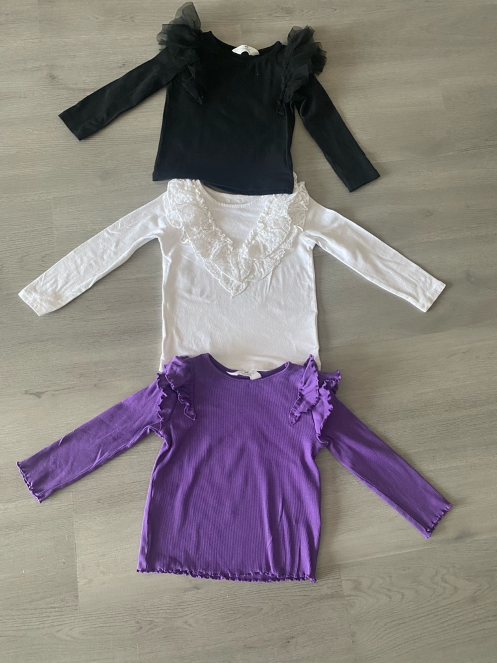 H&M Long-Sleeve Ruffle Tees in Black, White & Purple